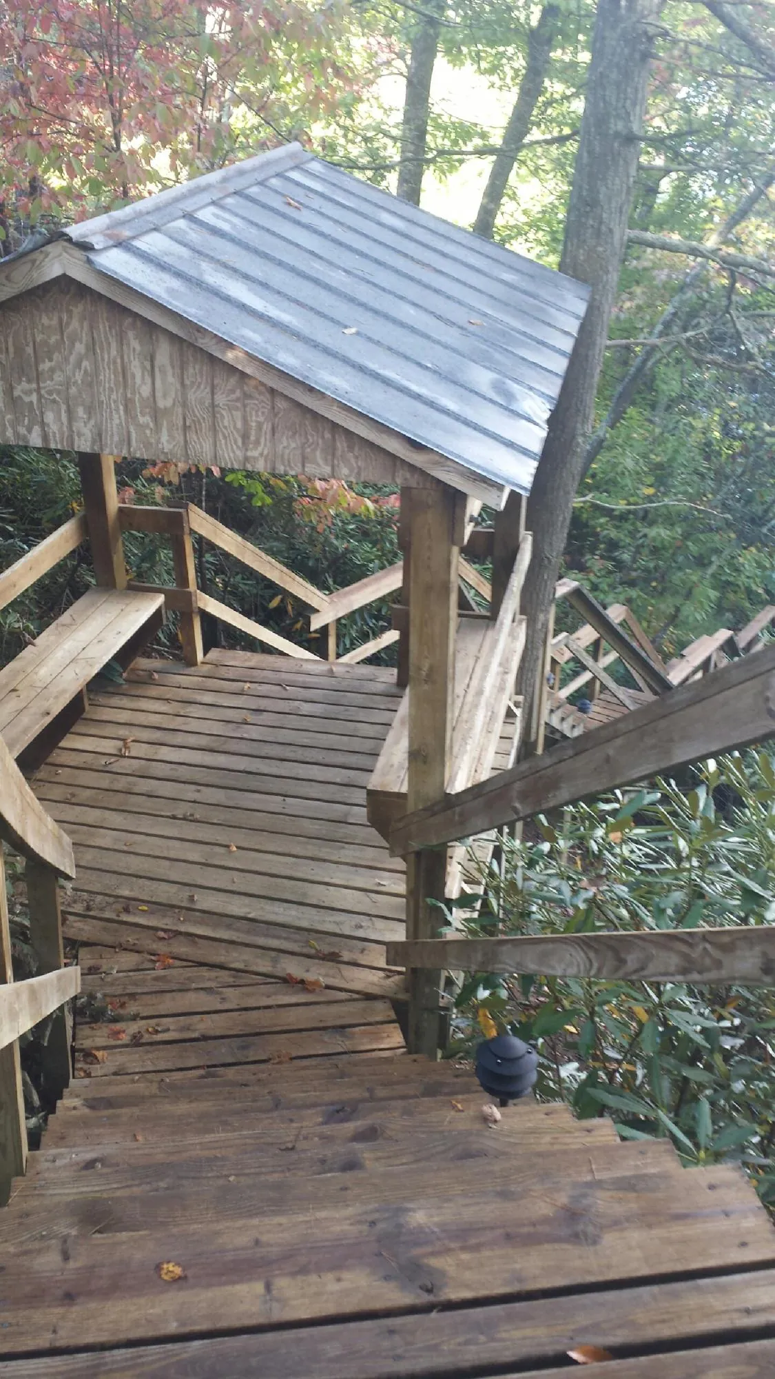 Metal roofed shelter over wooden steps on a wooded walkway — Skylight Repair & Installation work by our crew in Coal Center
